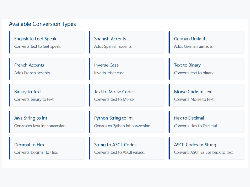 List of available conversion types supported by the tool including languages and formats